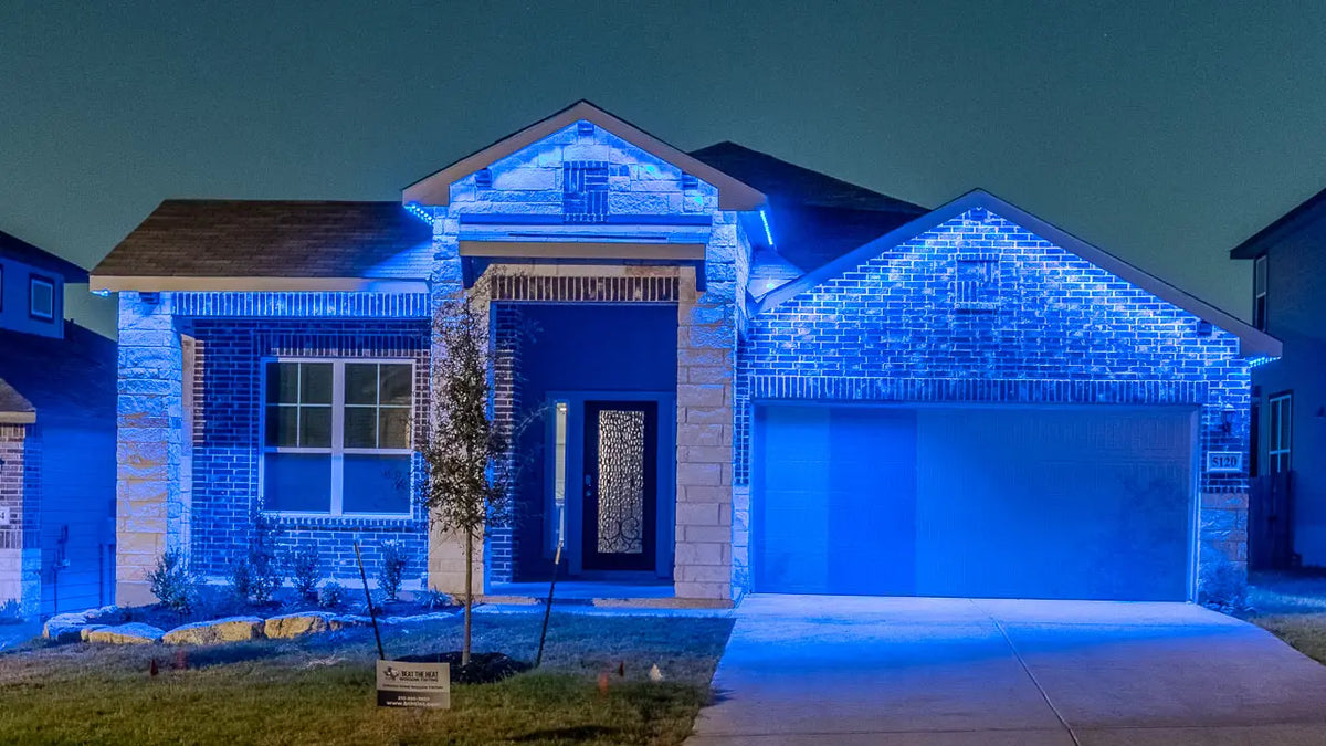 Home illuminated with a saturated blue lighting scene
