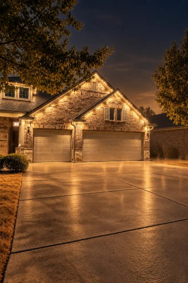 Permanent architectural lighting illuminating a home in warm weather