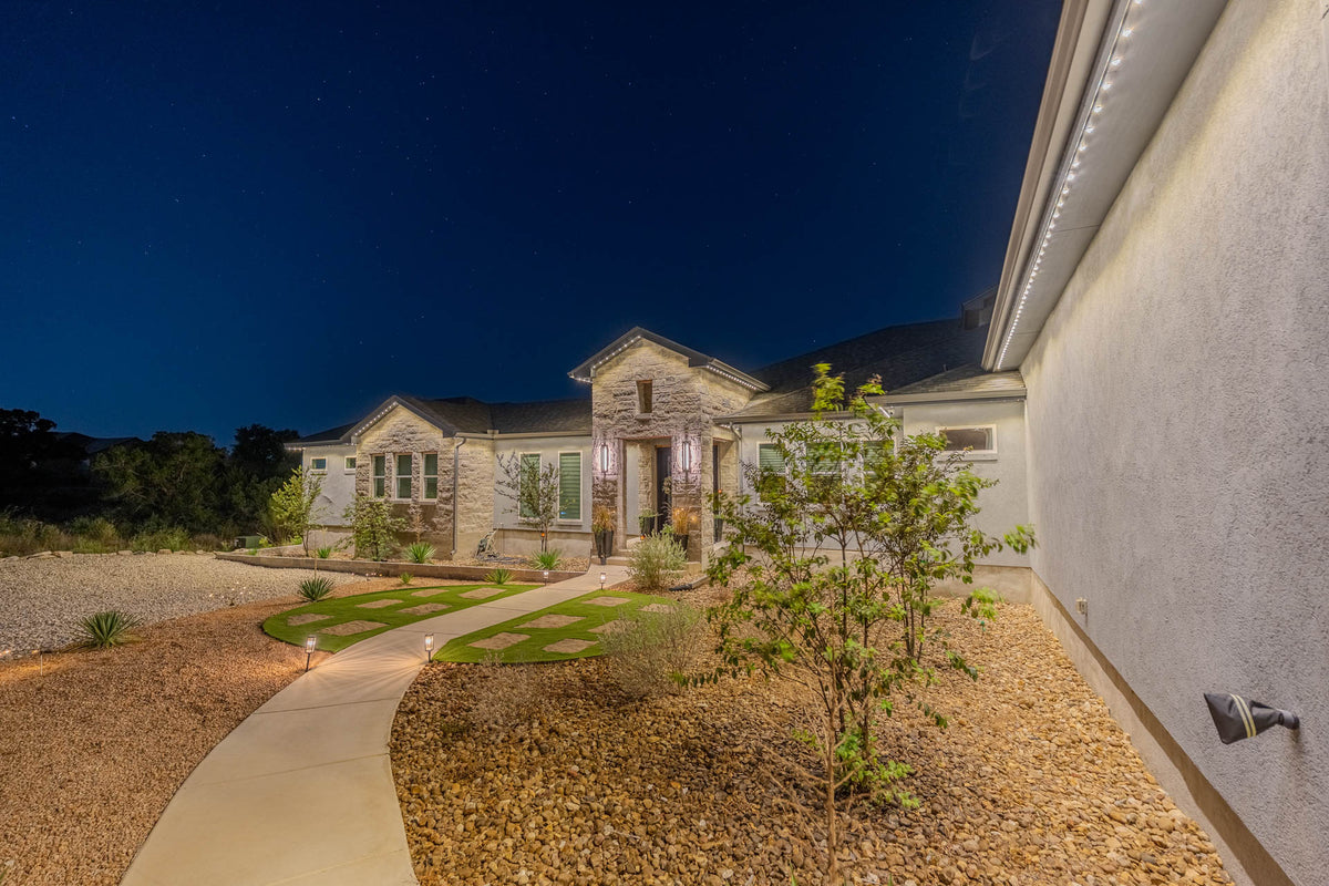 Permanent lighting emphasizing rooflines and exterior details