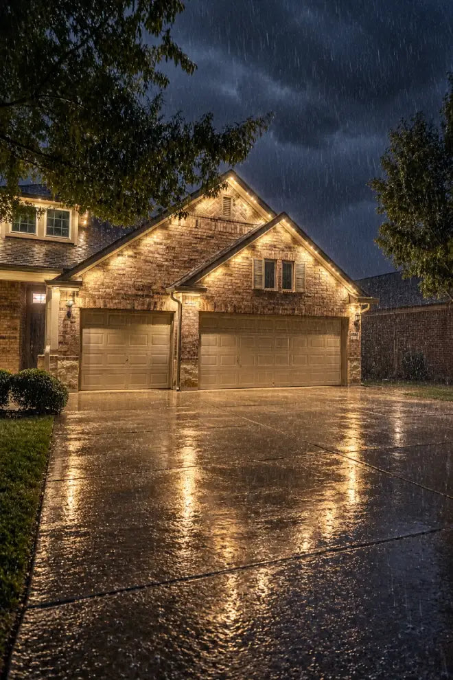 Permanent architectural lighting performing in heavy rain