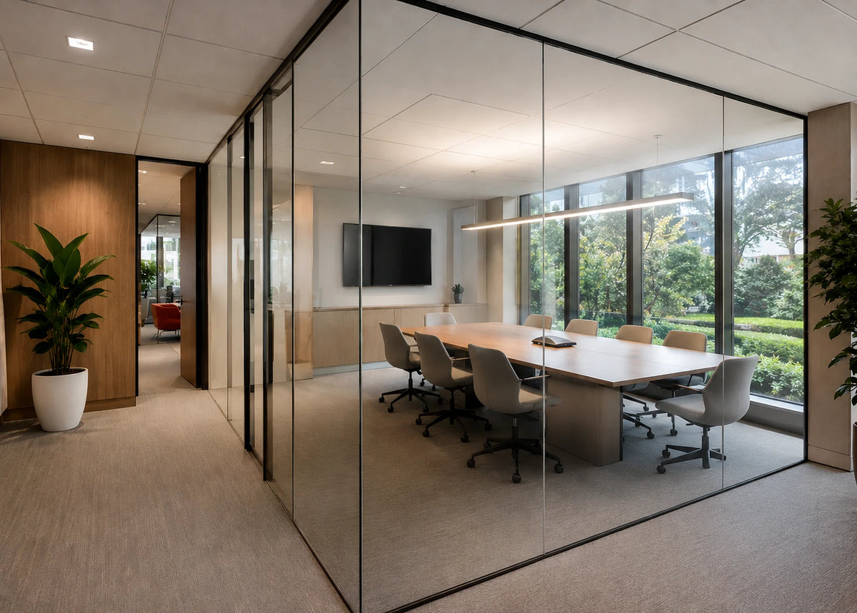 Office glass in a clear transparent state