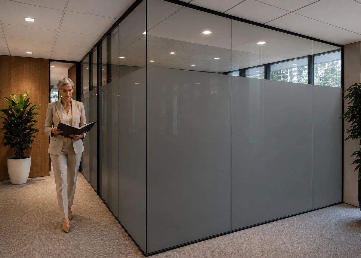 Office glass switched to a private opaque state