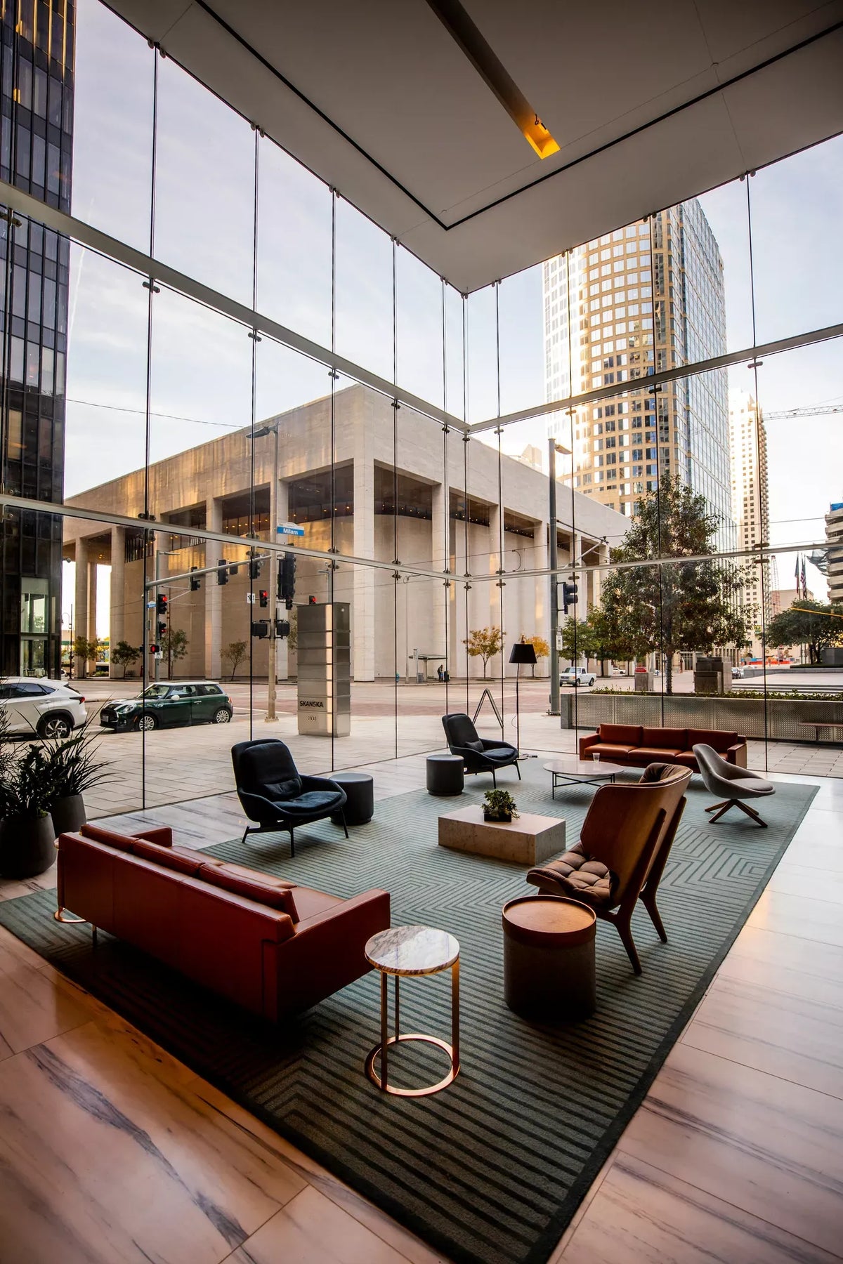 Modern commercial interior with expansive architectural glass