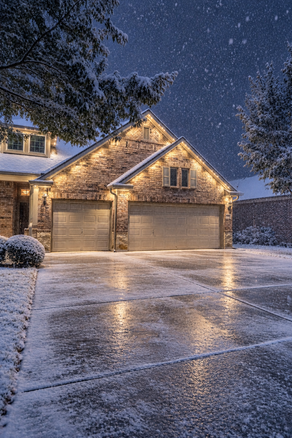 Permanent architectural lighting illuminating a home in snow