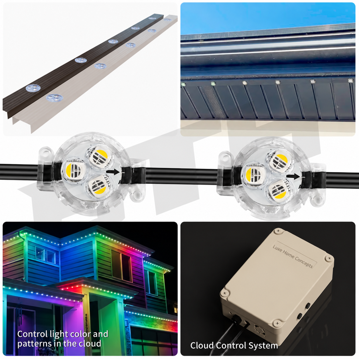 Permanent lighting track, LED nodes, controller, and installed lighting